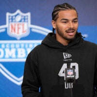 Feb 26, 2026; Indianapolis, IN, USA; Arizona defensive back Treydan Stukes (DB49) speaks to members of the media during the NFL Combine at the Indiana Convention Center.
