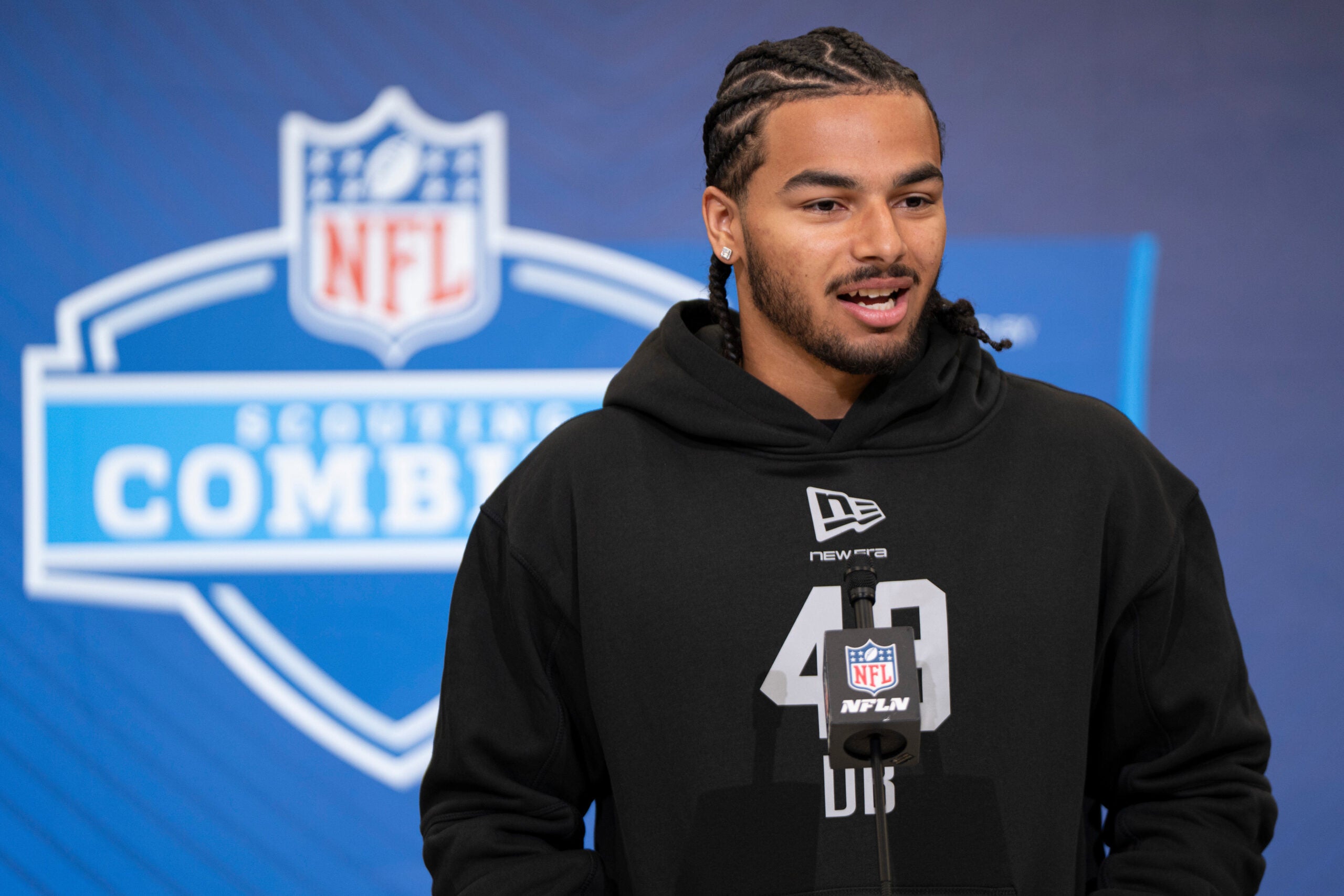 Feb 26, 2026; Indianapolis, IN, USA; Arizona defensive back Treydan Stukes (DB49) speaks to members of the media during the NFL Combine at the Indiana Convention Center.