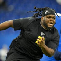 Feb 26, 2026; Indianapolis, IN, USA; Ohio State defensive lineman Kayden McDonald (DL21) during the NFL Scouting Combine at Lucas Oil Stadium. Mandatory Credit: Kirby Lee-Imagn Images