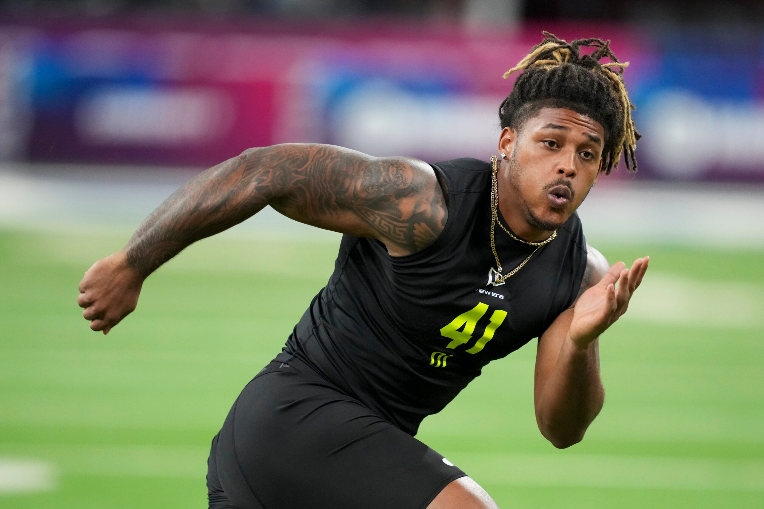 Feb 26, 2026; Indianapolis, IN, USA; Texas A&M defensive lineman Cashius Howell (DL41) during the NFL Scouting Combine at Lucas Oil Stadium. Mandatory Credit: Kirby Lee-Imagn Images