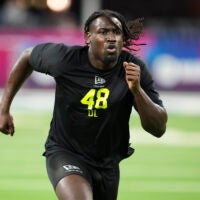 Feb 26, 2026; Indianapolis, IN, USA; UCF defensive lineman Malachi Lawrence (DL48) during the NFL Scouting Combine at Lucas Oil Stadium.