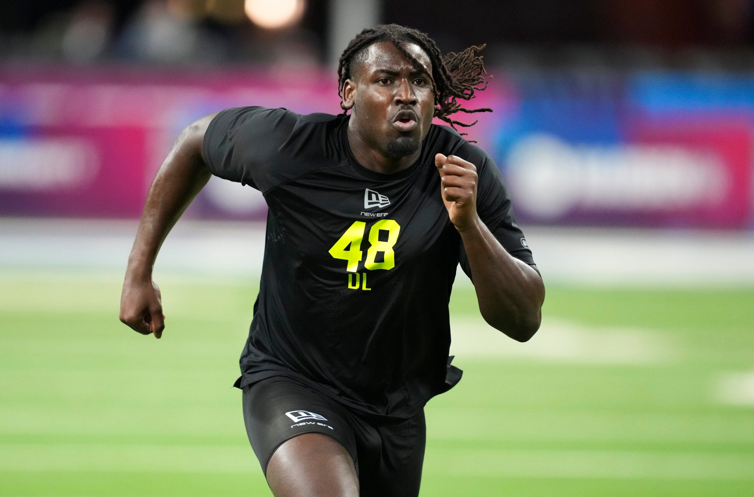 Feb 26, 2026; Indianapolis, IN, USA; UCF defensive lineman Malachi Lawrence (DL48) during the NFL Scouting Combine at Lucas Oil Stadium.