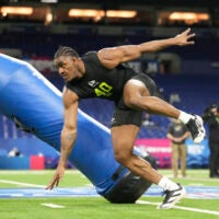 Feb 26, 2026; Indianapolis, IN, USA; Texas Tech defensive lineman Romello Height (DL40) during the NFL Scouting Combine at Lucas Oil Stadium.