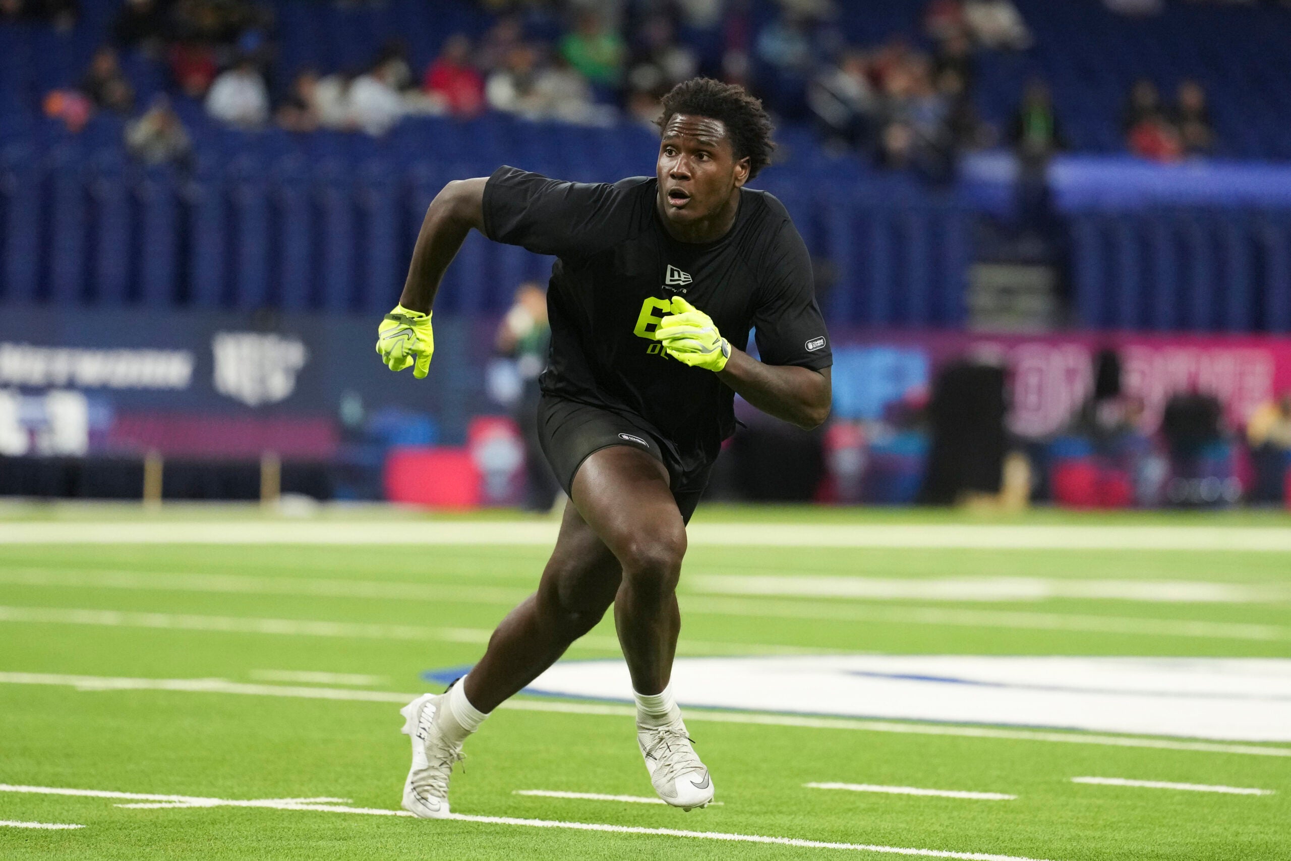 Feb 26, 2026; Indianapolis, IN, USA; Missouri defensive lineman Zion Young (DL63) during the NFL Scouting Combine at Lucas Oil Stadium.