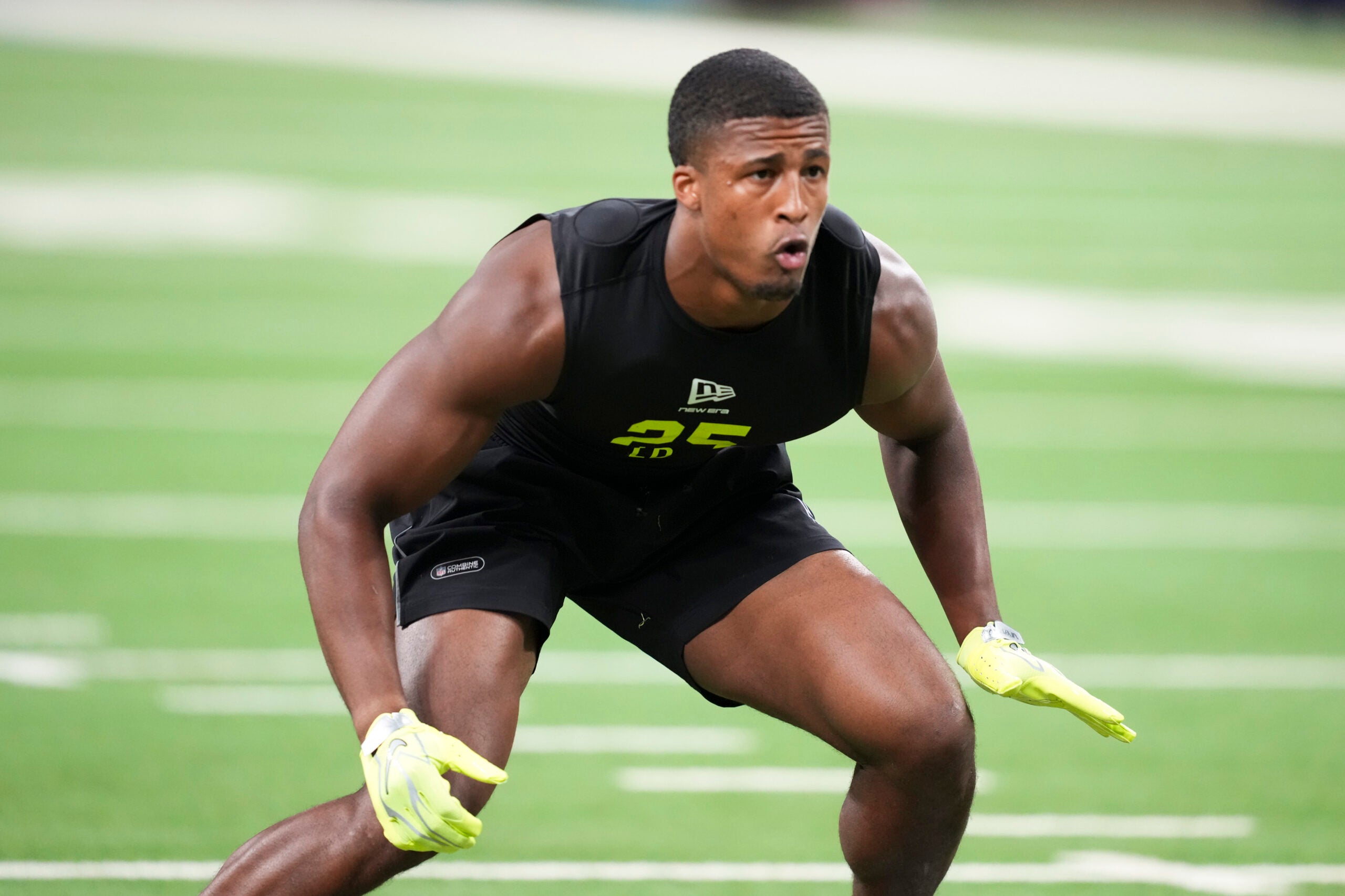 Feb 26, 2026; Indianapolis, IN, USA; Ohio State linebacker Sonny Styles (LB25) during the NFL Scouting Combine at Lucas Oil Stadium.
