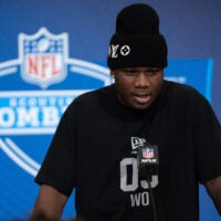 Feb 27, 2026; Indianapolis, IN, USA; Louisville wideout Chris Bell (WO03) speaks to members of the media during the NFL Combine at the Indiana Convention Center. Mandatory Credit: Jacob Musselman-Imagn Images