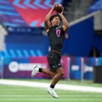 Feb 27, 2026; Indianapolis, IN, USA; San Diego State defensive back Chris Johnson (DB17) during the NFL Scouting Combine at Lucas Oil Stadium. Mandatory Credit: Kirby Lee-Imagn Images