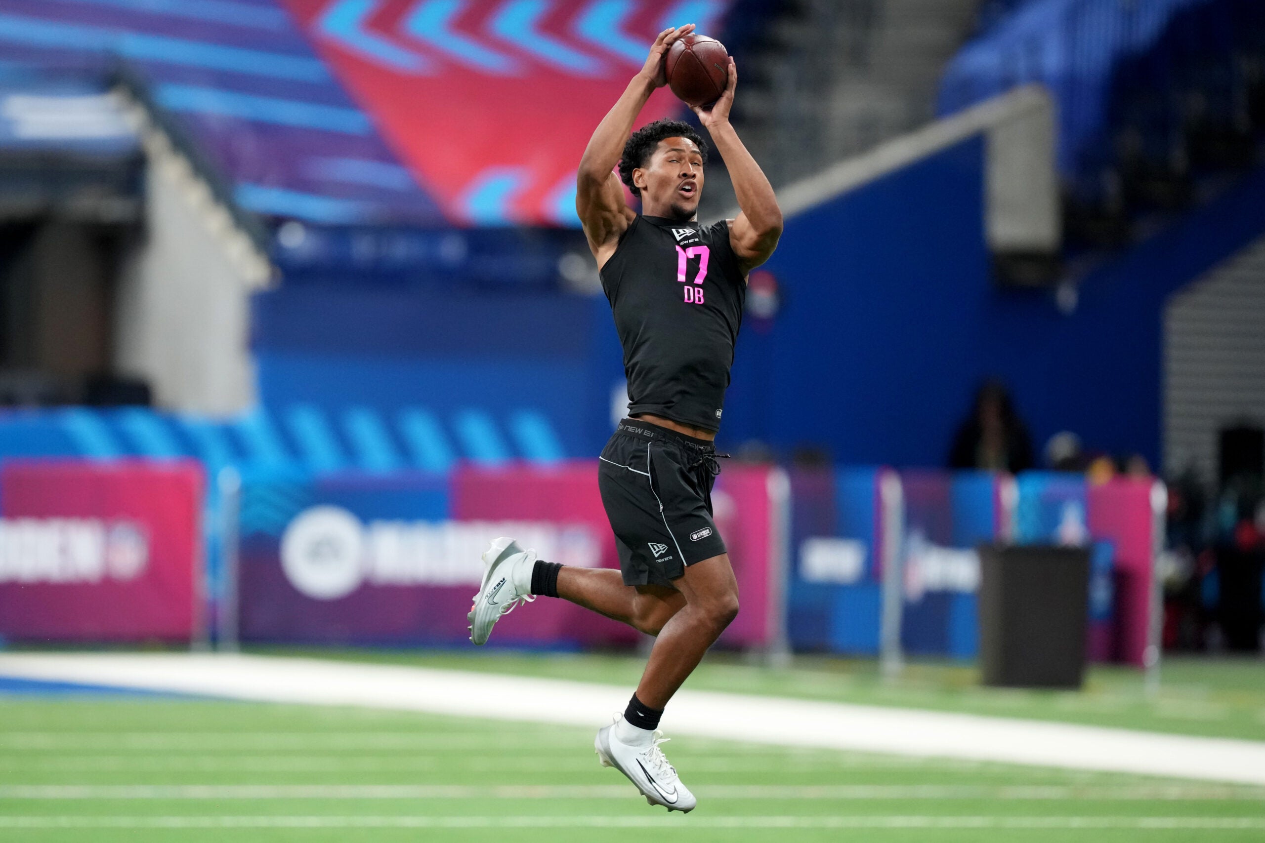Feb 27, 2026; Indianapolis, IN, USA; San Diego State defensive back Chris Johnson (DB17) during the NFL Scouting Combine at Lucas Oil Stadium. Mandatory Credit: Kirby Lee-Imagn Images