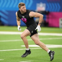 Feb 27, 2026; Indianapolis, IN, USA; Oregon defensive back Dillion Thieneman (DB52) during the NFL Scouting Combine at Lucas Oil Stadium.