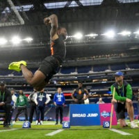 Feb 28, 2026; Indianapolis, IN, USA; Arkansas running back Mike Washington Jr. (RB20) during the NFL Scouting Combine at Lucas Oil Stadium.