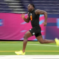 Feb 28, 2026; Indianapolis, IN, USA; Notre Dame running back Jeremiyah Love (RB11) during the NFL Scouting Combine at Lucas Oil Stadium.