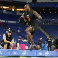 Feb 28, 2026; Indianapolis, IN, USA; Notre Dame running back Jeremiyah Love (RB11) during the NFL Scouting Combine at Lucas Oil Stadium. Mandatory Credit: Kirby Lee-Imagn Images