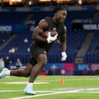 Feb 28, 2026; Indianapolis, IN, USA; Nebraska running back Emmett Johnson (RB10) during the NFL Scouting Combine at Lucas Oil Stadium.