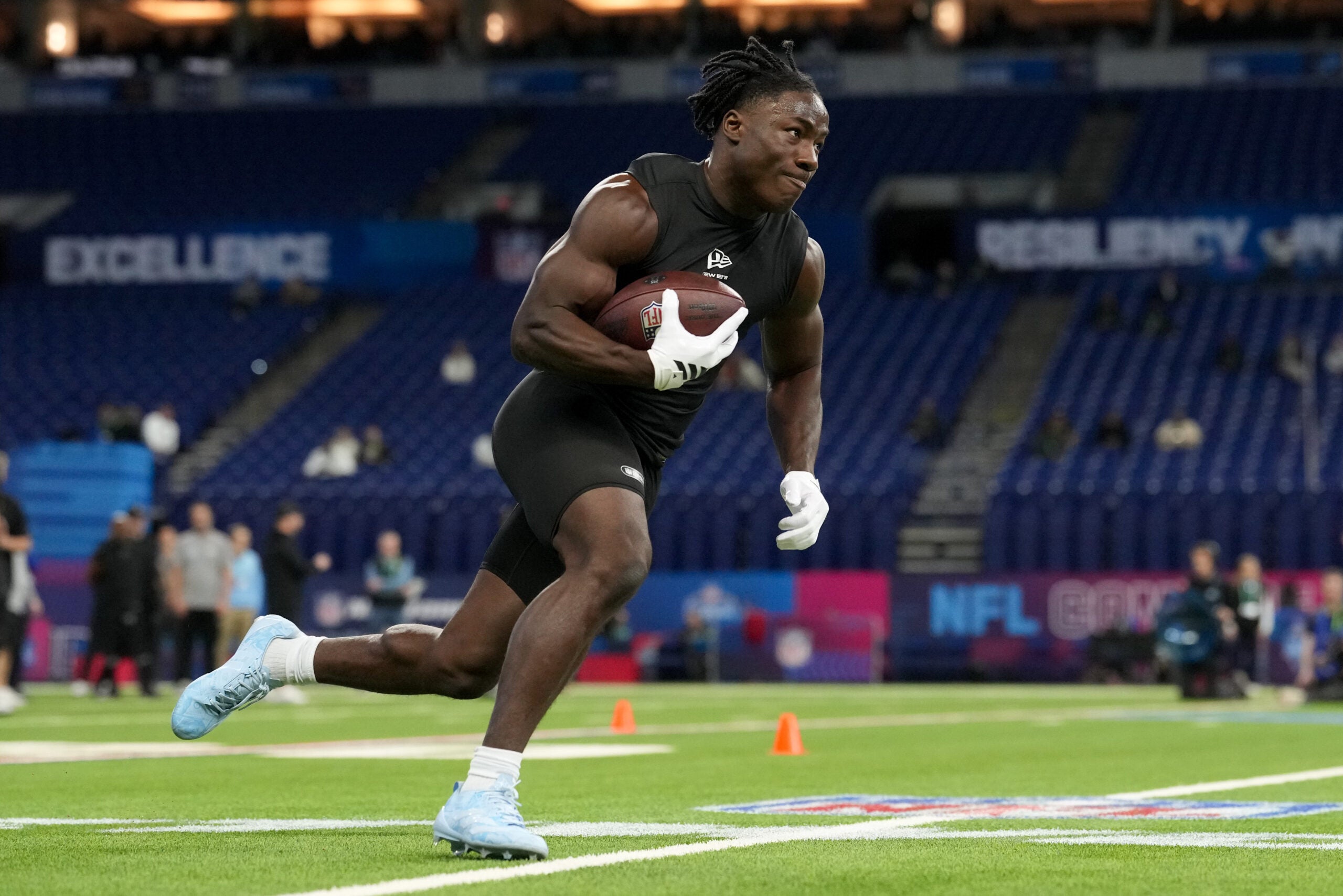 Feb 28, 2026; Indianapolis, IN, USA; Nebraska running back Emmett Johnson (RB10) during the NFL Scouting Combine at Lucas Oil Stadium.