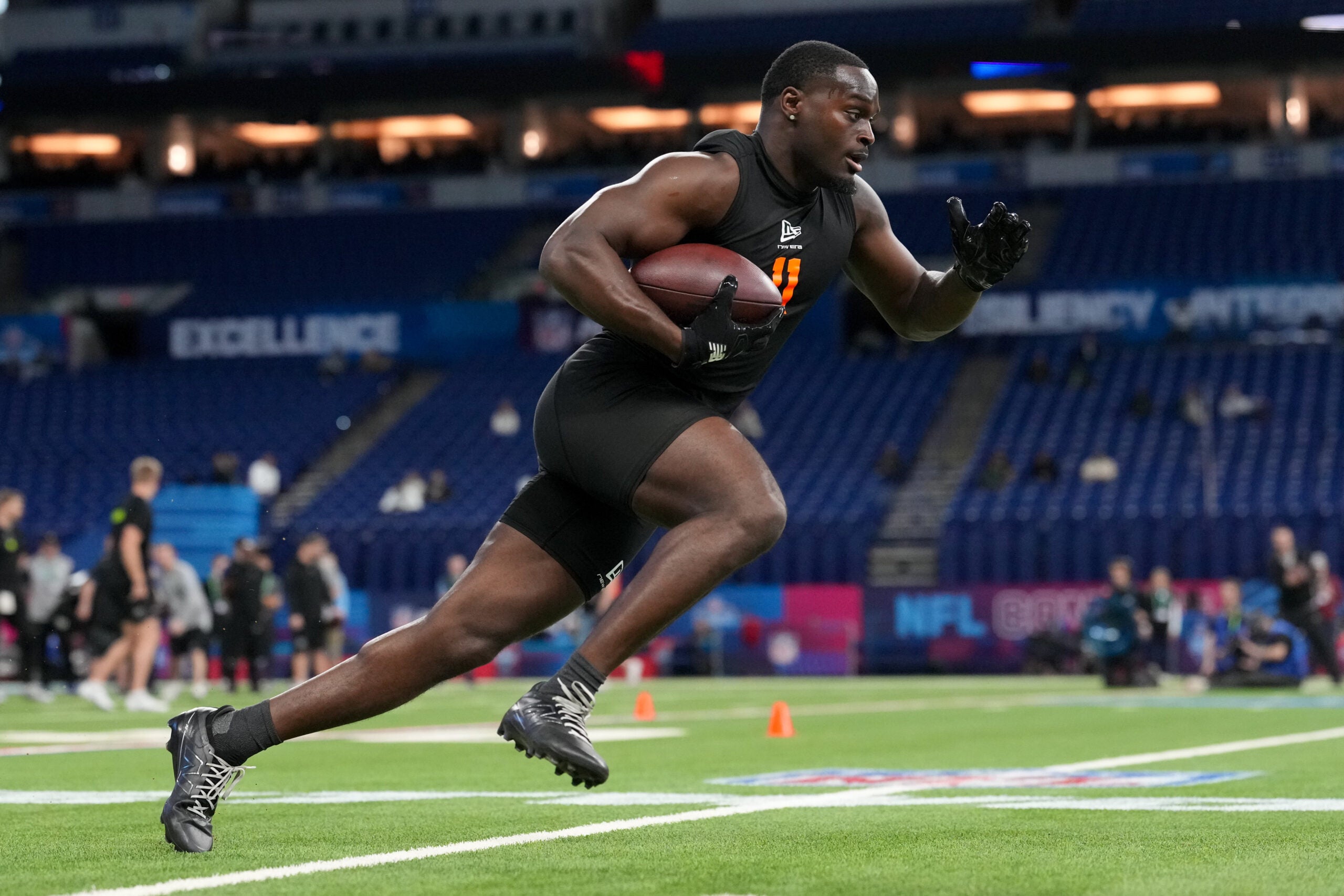 Feb 28, 2026; Indianapolis, IN, USA; Notre Dame running back Jeremiyah Love (RB11) during the NFL Scouting Combine at Lucas Oil Stadium.