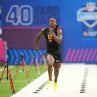 Feb 28, 2026; Indianapolis, IN, USA; Oklahoma wideout Deion Burks (WO12) during the NFL Scouting Combine at Lucas Oil Stadium. Mandatory Credit: Kirby Lee-Imagn Images