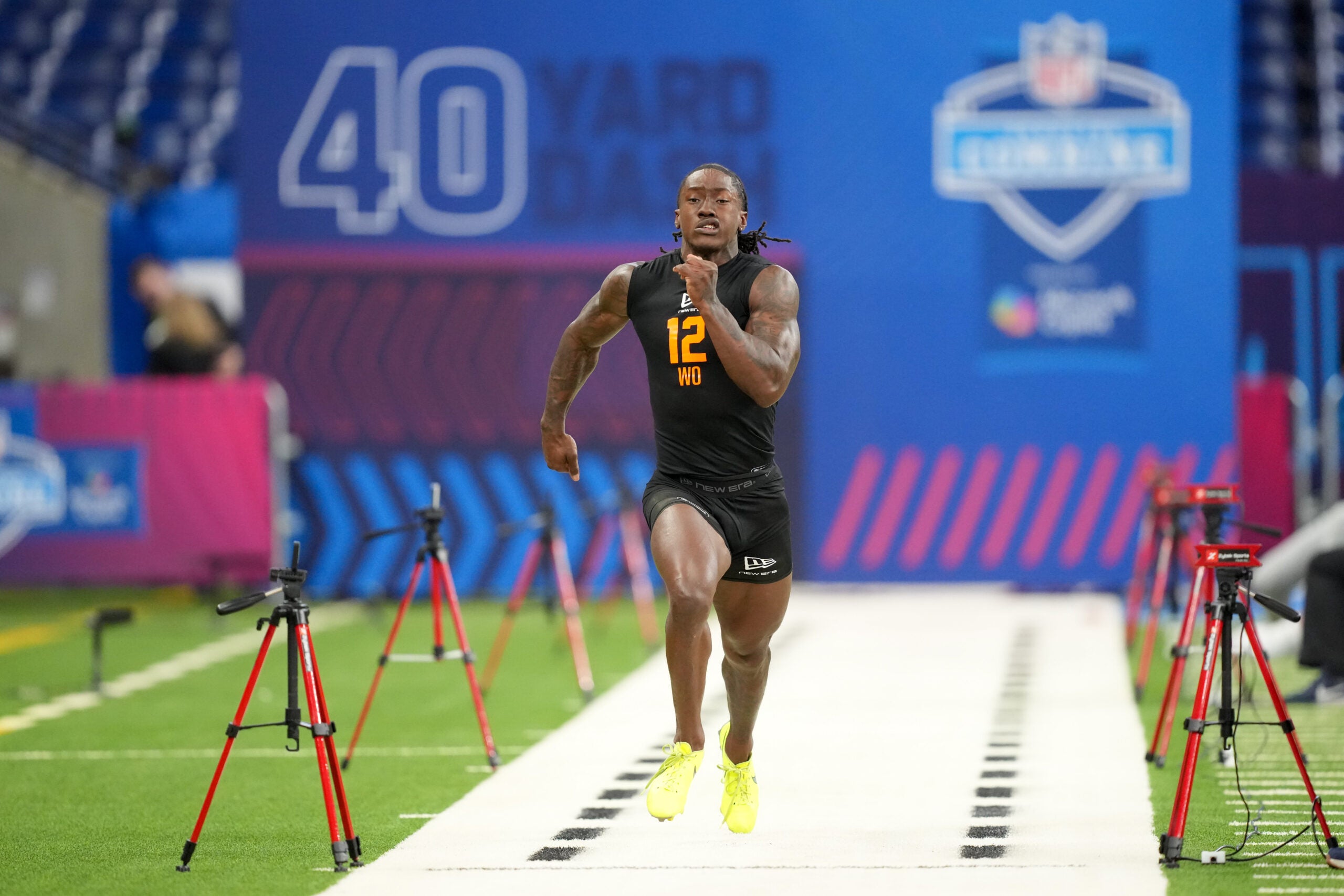 Feb 28, 2026; Indianapolis, IN, USA; Oklahoma wideout Deion Burks (WO12) during the NFL Scouting Combine at Lucas Oil Stadium. Mandatory Credit: Kirby Lee-Imagn Images