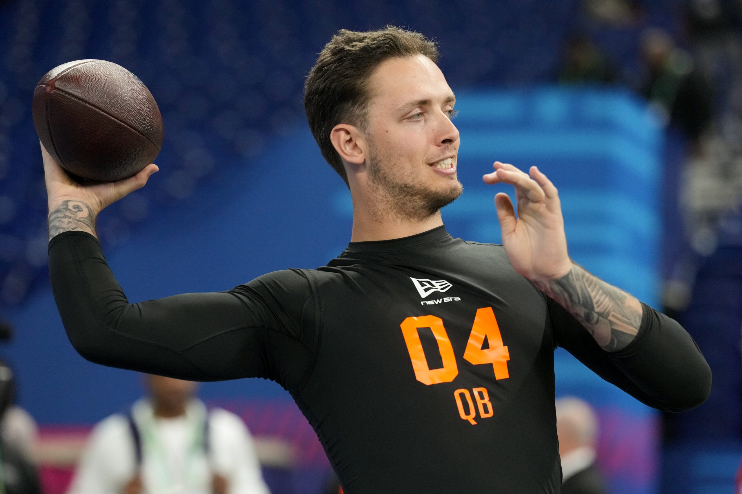 Feb 28, 2026; Indianapolis, IN, USA; Miami quarterback Carson Beck (QB04) during the NFL Scouting Combine at Lucas Oil Stadium.