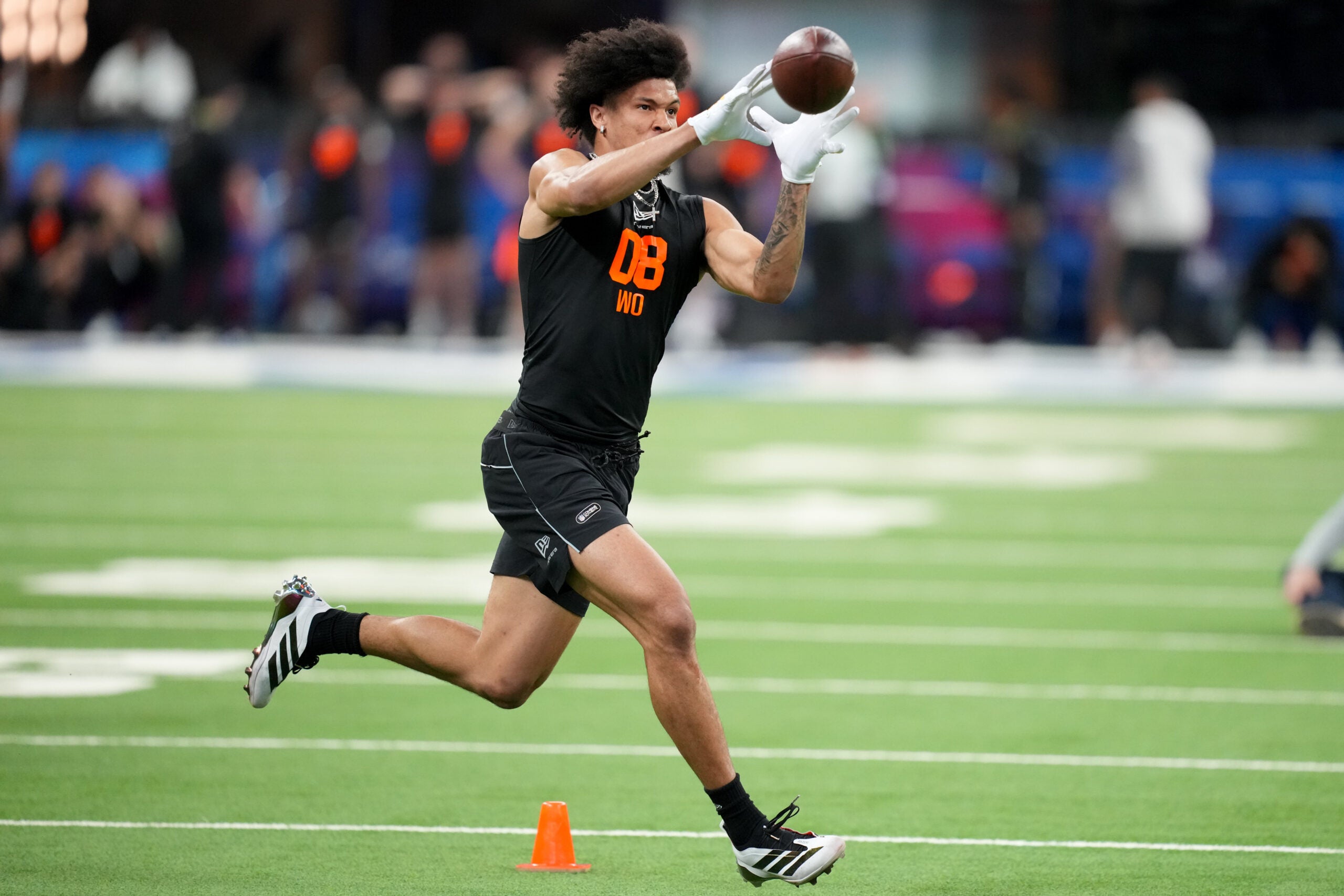 Feb 28, 2026; Indianapolis, IN, USA; Washington wideout Denzel Boston (WO08) during the NFL Scouting Combine at Lucas Oil Stadium. Mandatory Credit: Kirby Lee-Imagn Images