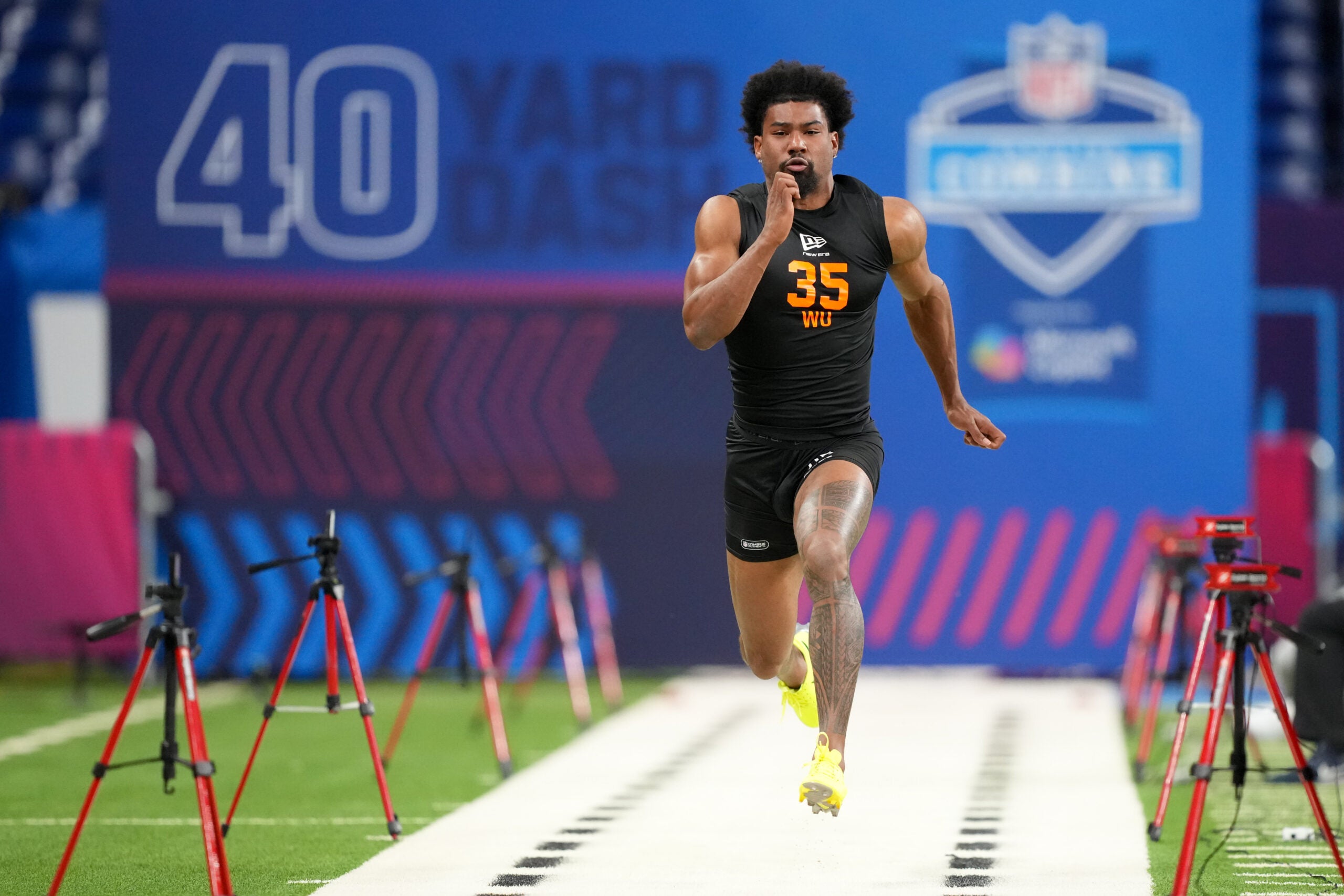 Feb 28, 2026; Indianapolis, IN, USA; Mississippi wideout De'Zhaun Stribling (WO35) during the NFL Scouting Combine at Lucas Oil Stadium. Mandatory Credit: Kirby Lee-Imagn Images