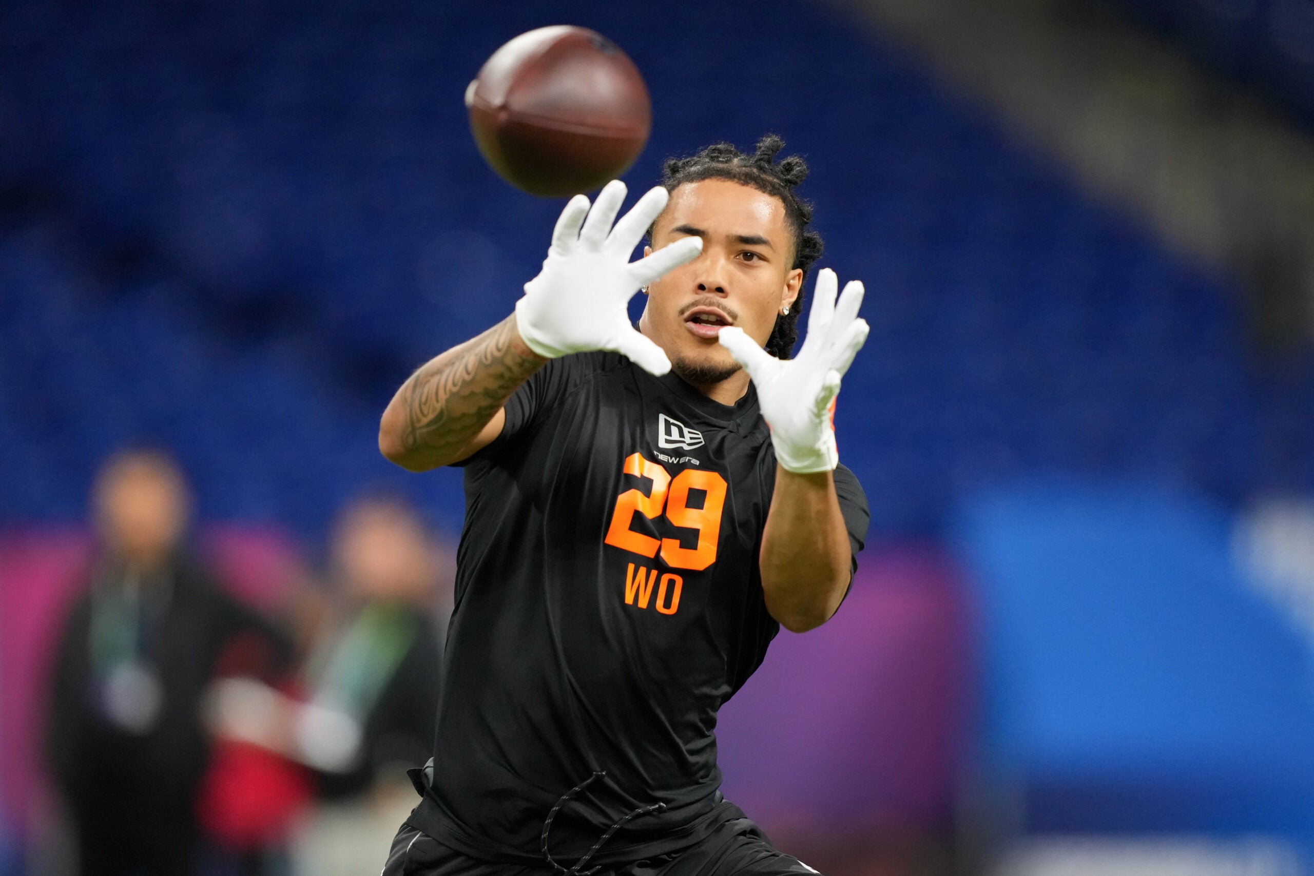 Feb 28, 2026; Indianapolis, IN, USA; Southern California wideout Makai Lemon (WO29) during the NFL Scouting Combine at Lucas Oil Stadium. Mandatory Credit: Kirby Lee-Imagn Images