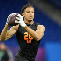 Feb 28, 2026; Indianapolis, IN, USA; North Dakota State wideout Bryce Lance (WO26) during the NFL Scouting Combine at Lucas Oil Stadium.