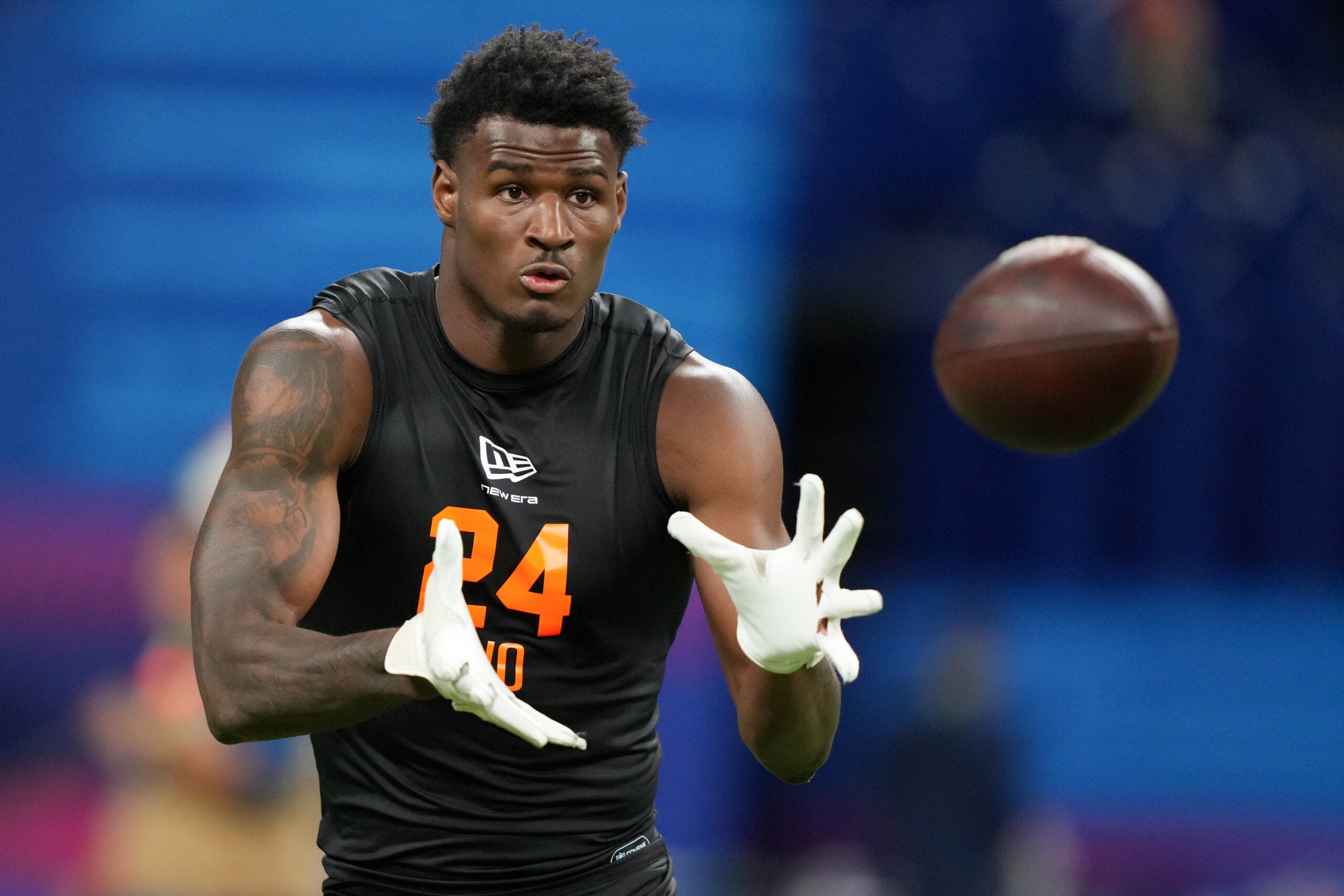 Feb 28, 2026; Indianapolis, IN, USA; Georgia State wideout Ted Hurst (WO24) during the NFL Scouting Combine at Lucas Oil Stadium. Mandatory Credit: Kirby Lee-Imagn Images