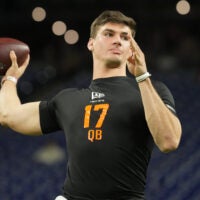 Feb 28, 2026; Indianapolis, IN, USA; Alabama quarterback Ty Simpson (QB17) during the NFL Scouting Combine at Lucas Oil Stadium.