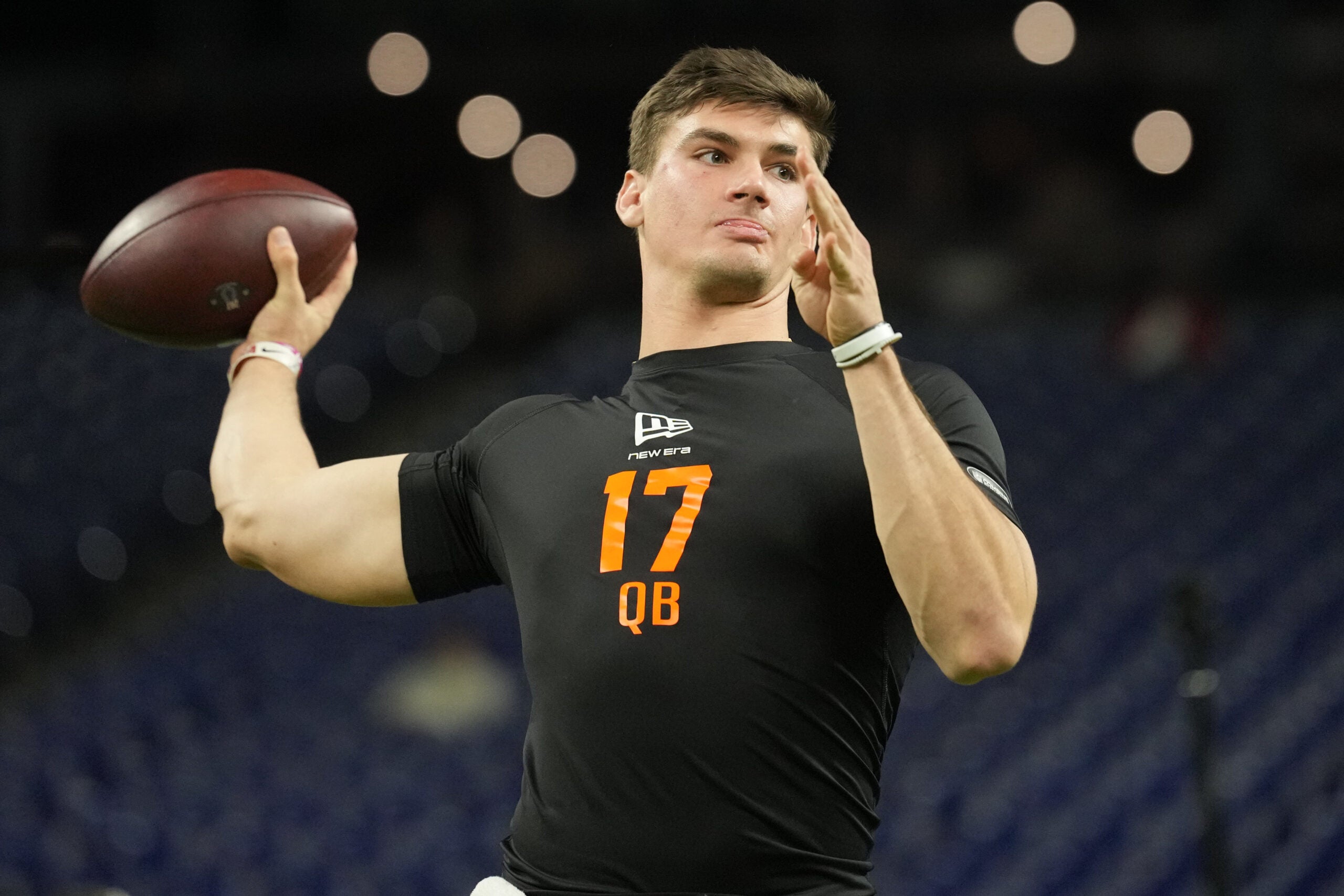 Feb 28, 2026; Indianapolis, IN, USA; Alabama quarterback Ty Simpson (QB17) during the NFL Scouting Combine at Lucas Oil Stadium.