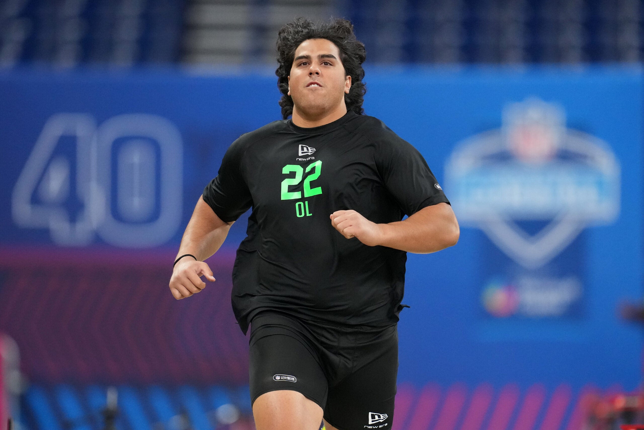 Mar 1, 2026; Indianapolis, IN, USA; Utah offensive lineman Spencer Fano (OL22) during the NFL Scouting Combine at Lucas Oil Stadium.