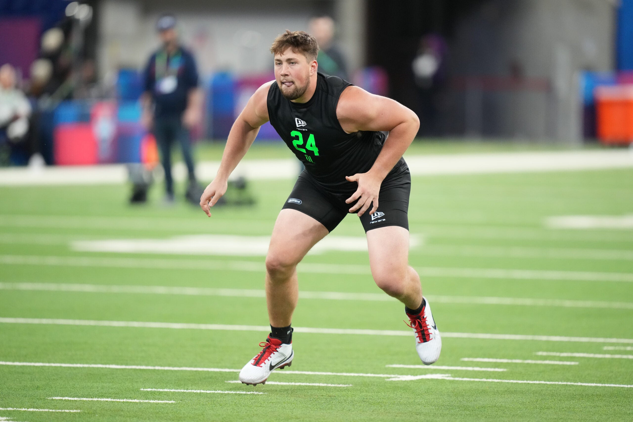 Mar 1, 2026; Indianapolis, IN, USA; Georgia offensive lineman Monroe Freeling (OL24) during the NFL Scouting Combine at Lucas Oil Stadium. Mandatory Credit: Kirby Lee-Imagn Images