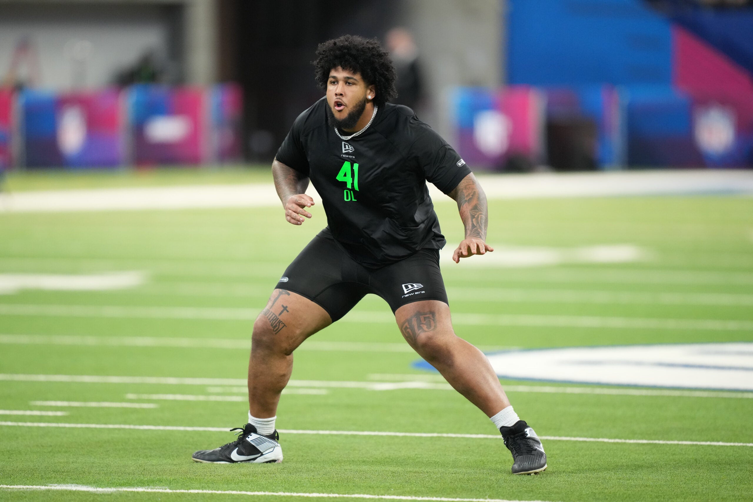 Mar 1, 2026; Indianapolis, IN, USA; Alabama offensive lineman Kadyn Proctor (OL41) during the NFL Scouting Combine at Lucas Oil Stadium.
