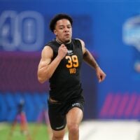 Feb 28, 2026; Indianapolis, IN, USA; Mississippi State wideout Brenen Thompson (WO39) runs in the 40-yard dash during the NFL Scouting Combine at Lucas Oil Stadium. Mandatory Credit: Kirby Lee-Imagn Images
