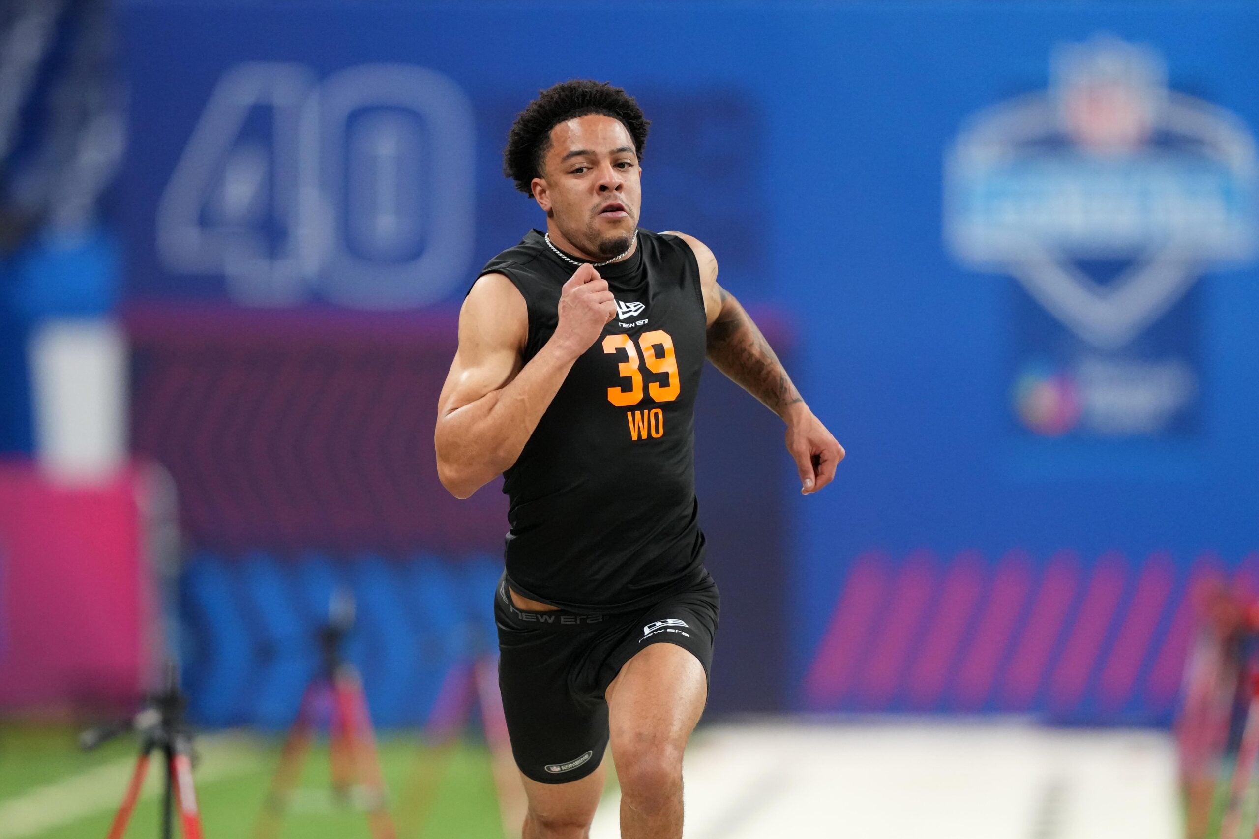 Feb 28, 2026; Indianapolis, IN, USA; Mississippi State wideout Brenen Thompson (WO39) runs in the 40-yard dash during the NFL Scouting Combine at Lucas Oil Stadium. Mandatory Credit: Kirby Lee-Imagn Images
