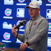 Florida head coach Jon Sumrall speaks during a press conference after the first day of Florida Spring football practice at Heavener Football Center in Gainesville, FL on Tuesday, March 3, 2026.