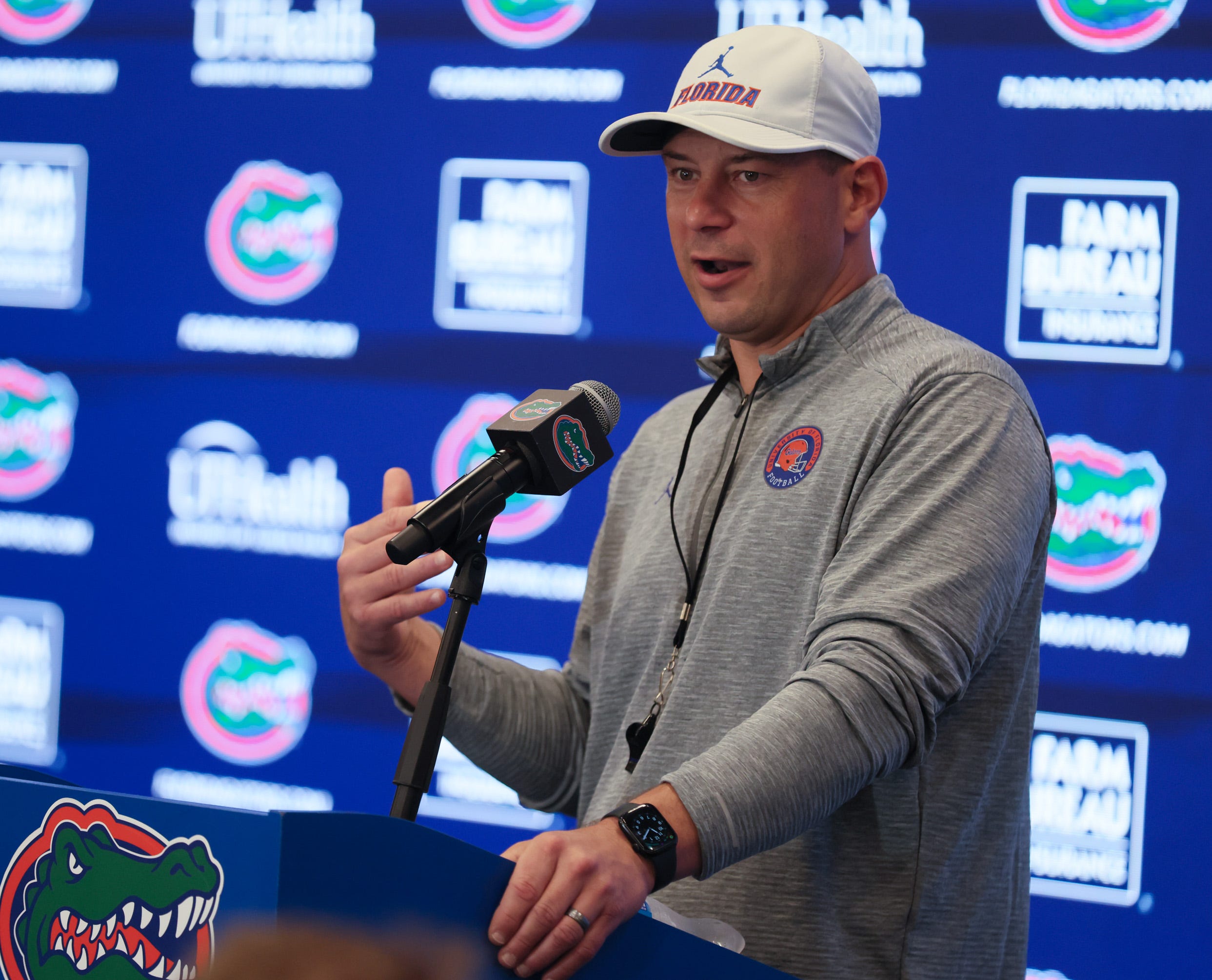 Florida head coach Jon Sumrall speaks during a press conference after the first day of Florida Spring football practice at Heavener Football Center in Gainesville, FL on Tuesday, March 3, 2026.