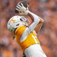 Tennessee wide receiver Chris Brazzell II (17) catches the ball in the end zone for a touchdown during a NCAA football game between Tennessee and Vanderbilt at Neyland Stadium in Knoxville, Tenn., on Nov. 29, 2025.