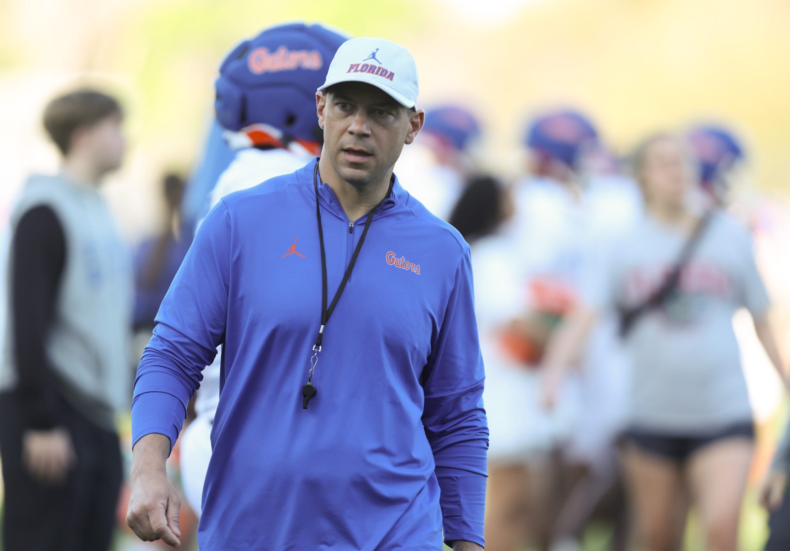 Florida head coach Jon Sumrall keeps on eye drills during UF spring practice at Sanders Practice Fields in Gainesville, FL on Tuesday, March 10, 2026.