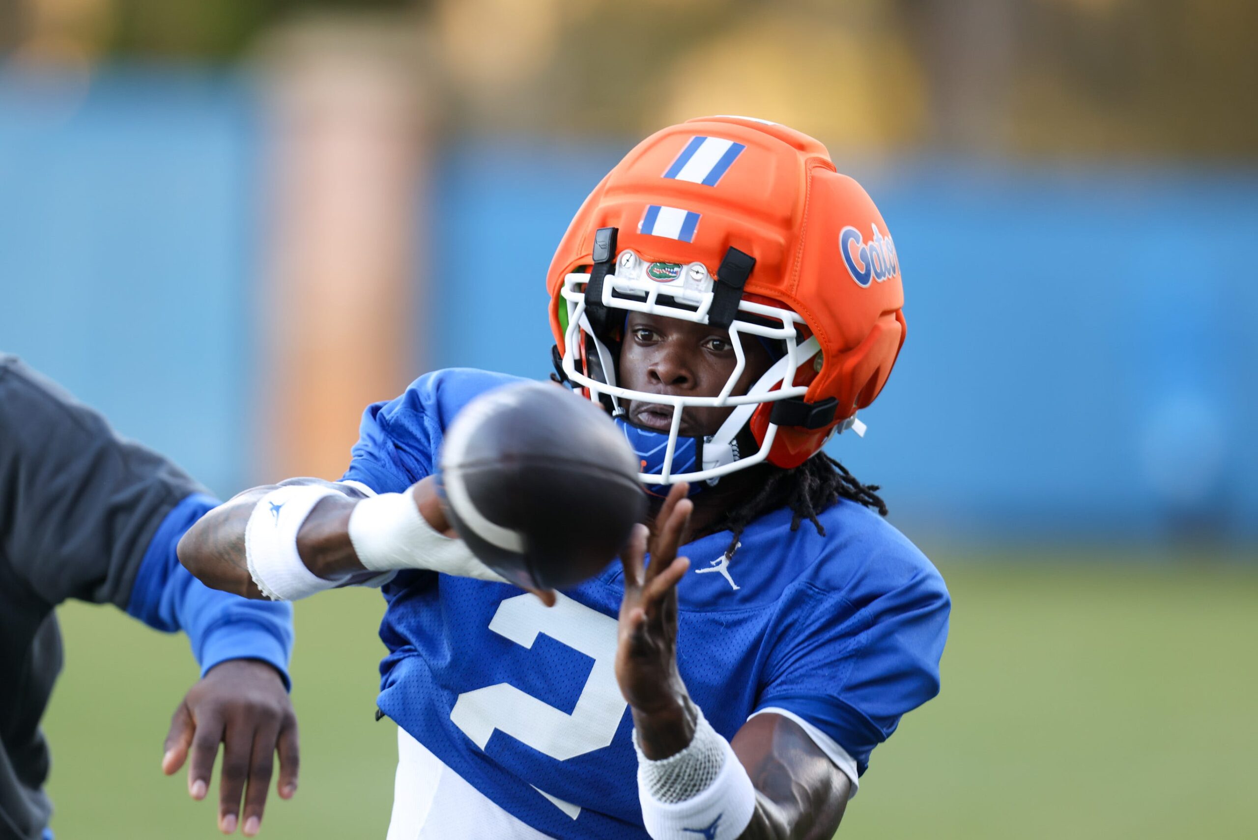 Florida wide receiver Eric Singleton Jr. (2) works on drills during UF spring practice at Sanders Practice Fields in Gainesville, FL on Tuesday, March 10, 2026.