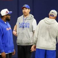 Florida offensive line coach Phil Trautwein, center, is shown during spring practice at Sanders Practice Fields in Gainesville, FL on Thursday, March 12, 2026.