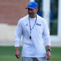 Florida head coach Jon Sumrall, watches drills during spring practice at Sanders Practice Fields in Gainesville, FL on Thursday, March 12, 2026.