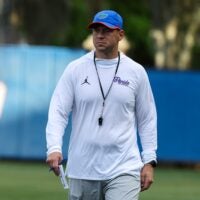 Florida head coach Jon Sumrall, watches drills during spring practice at Sanders Practice Fields in Gainesville, FL on Thursday, March 12, 2026.