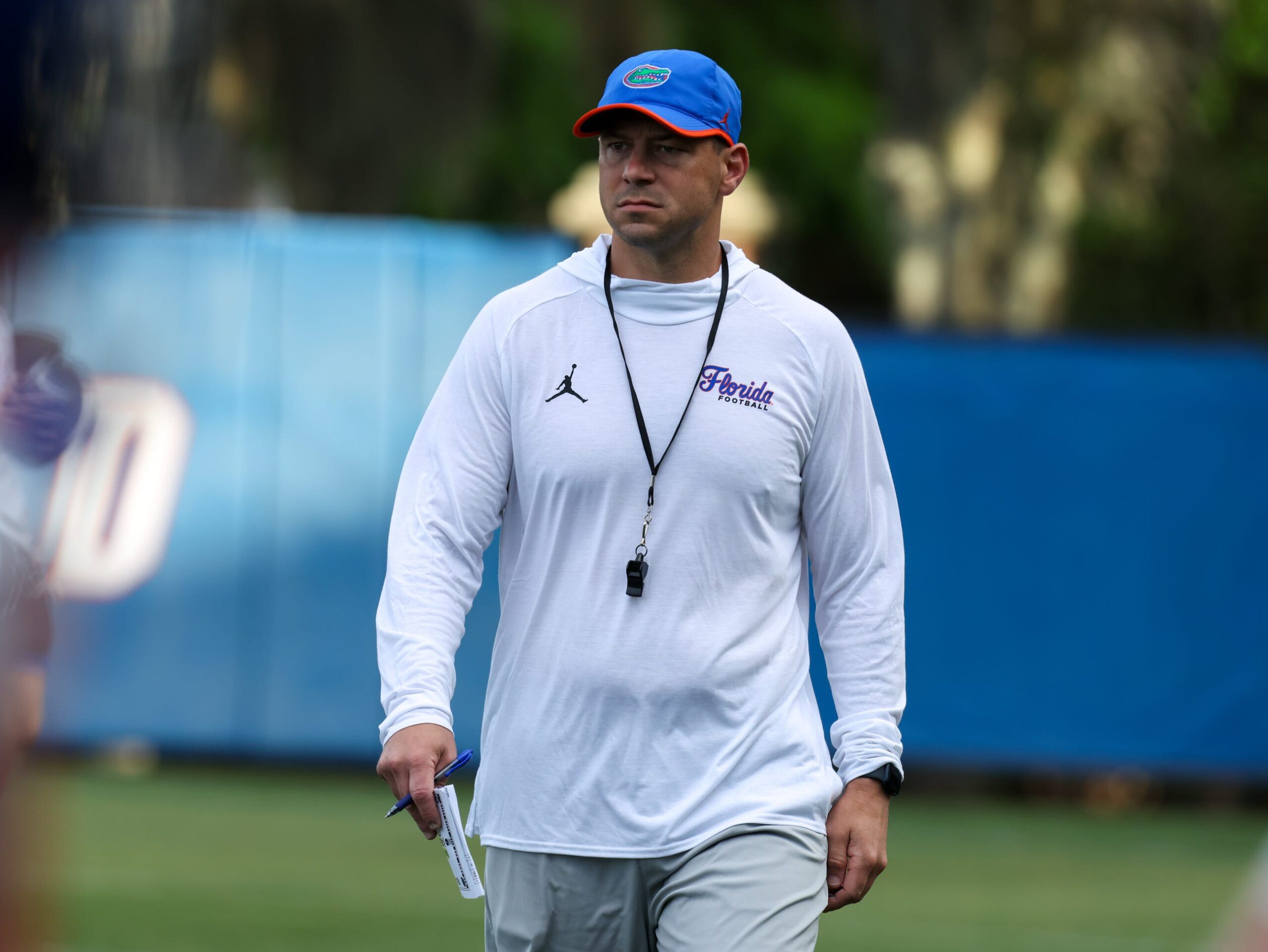 Florida head coach Jon Sumrall, watches drills during spring practice at Sanders Practice Fields in Gainesville, FL on Thursday, March 12, 2026.