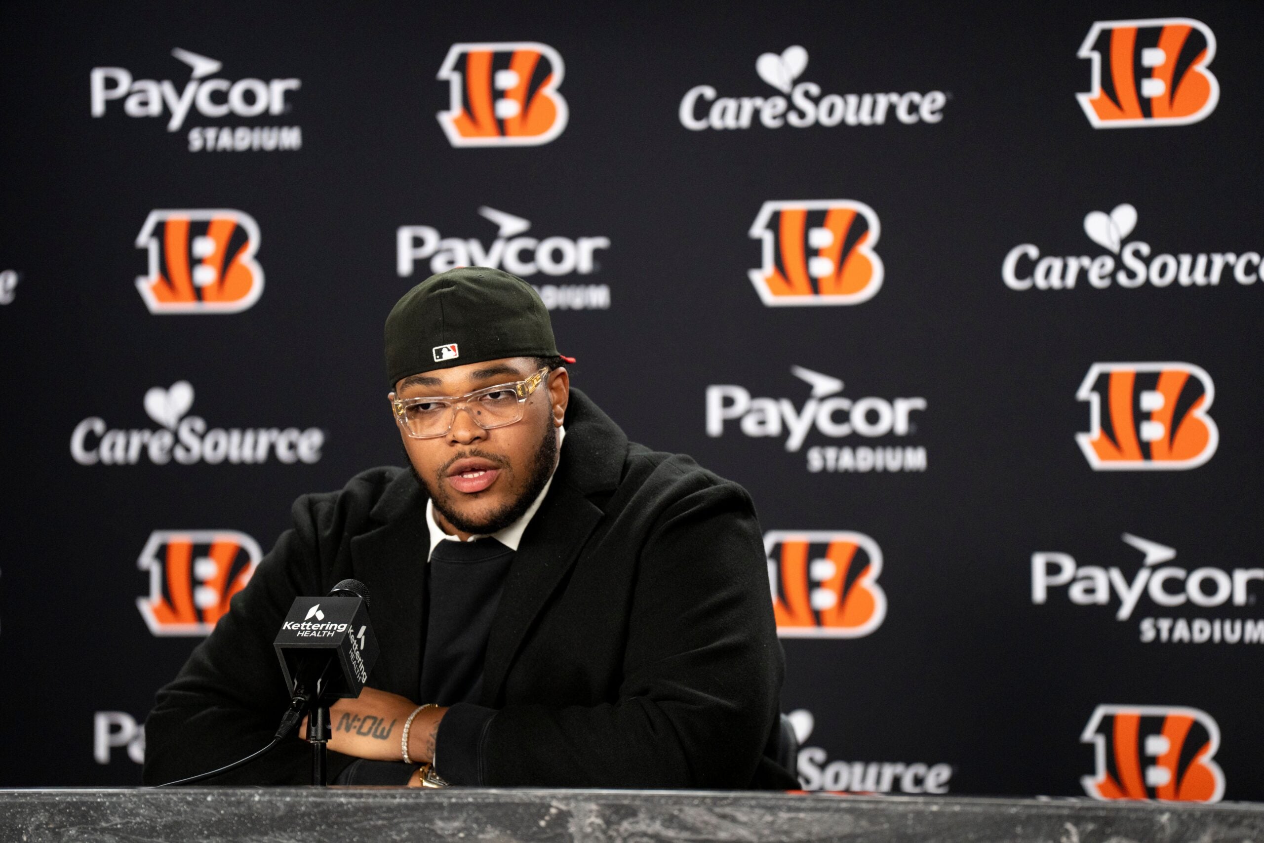 Bengals left tackle Orlando Brown Jr. speaks to the media during a press conference at Paycor Stadium in Cincinnati on Thursday, March 12, 2026.
