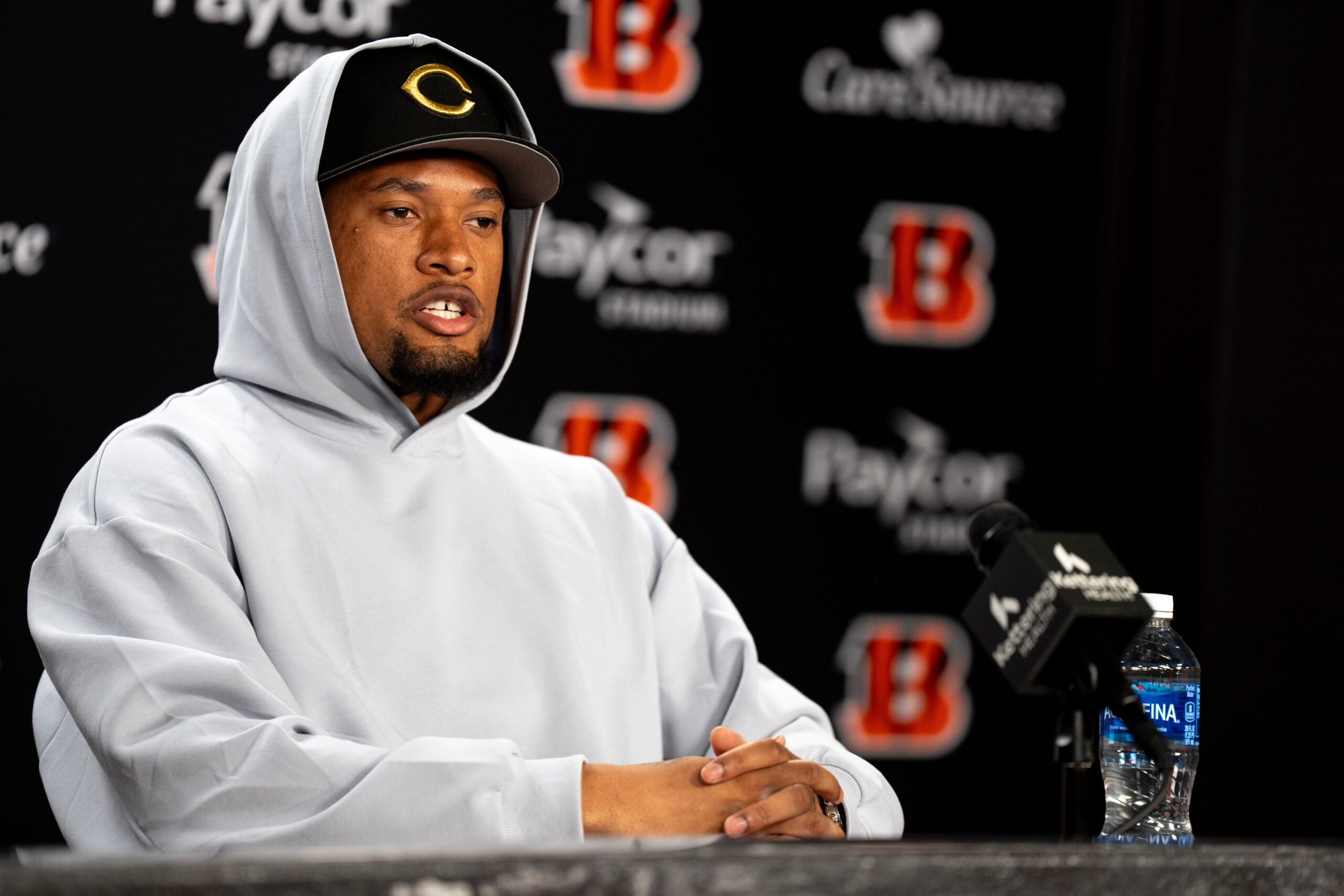 Bengals safety Bryan Cook speaks to the media during a press conference at Paycor Stadium in Cincinnati on Thursday, March 12, 2026.