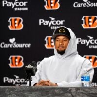Bengals safety Bryan Cook speaks to the media during a press conference at Paycor Stadium in Cincinnati on Thursday, March 12, 2026.