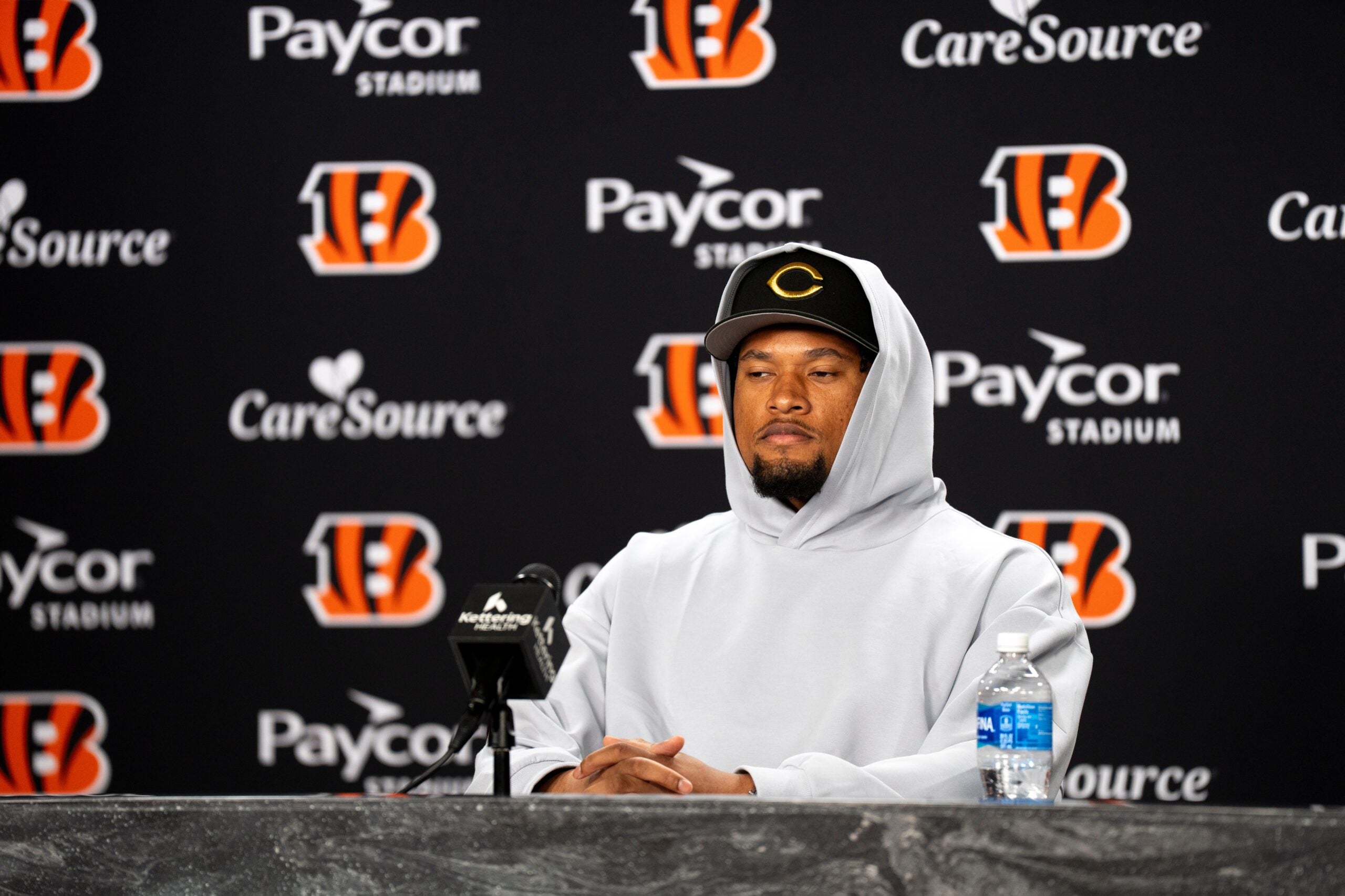 Bengals safety Bryan Cook speaks to the media during a press conference at Paycor Stadium in Cincinnati on Thursday, March 12, 2026.