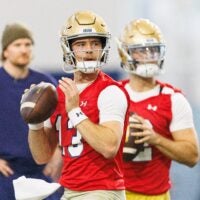 Quarterback CJ Carr (13) during a Notre Dame football practice at Irish Athletic Center on Friday, March 20, 2026, in South Bend.