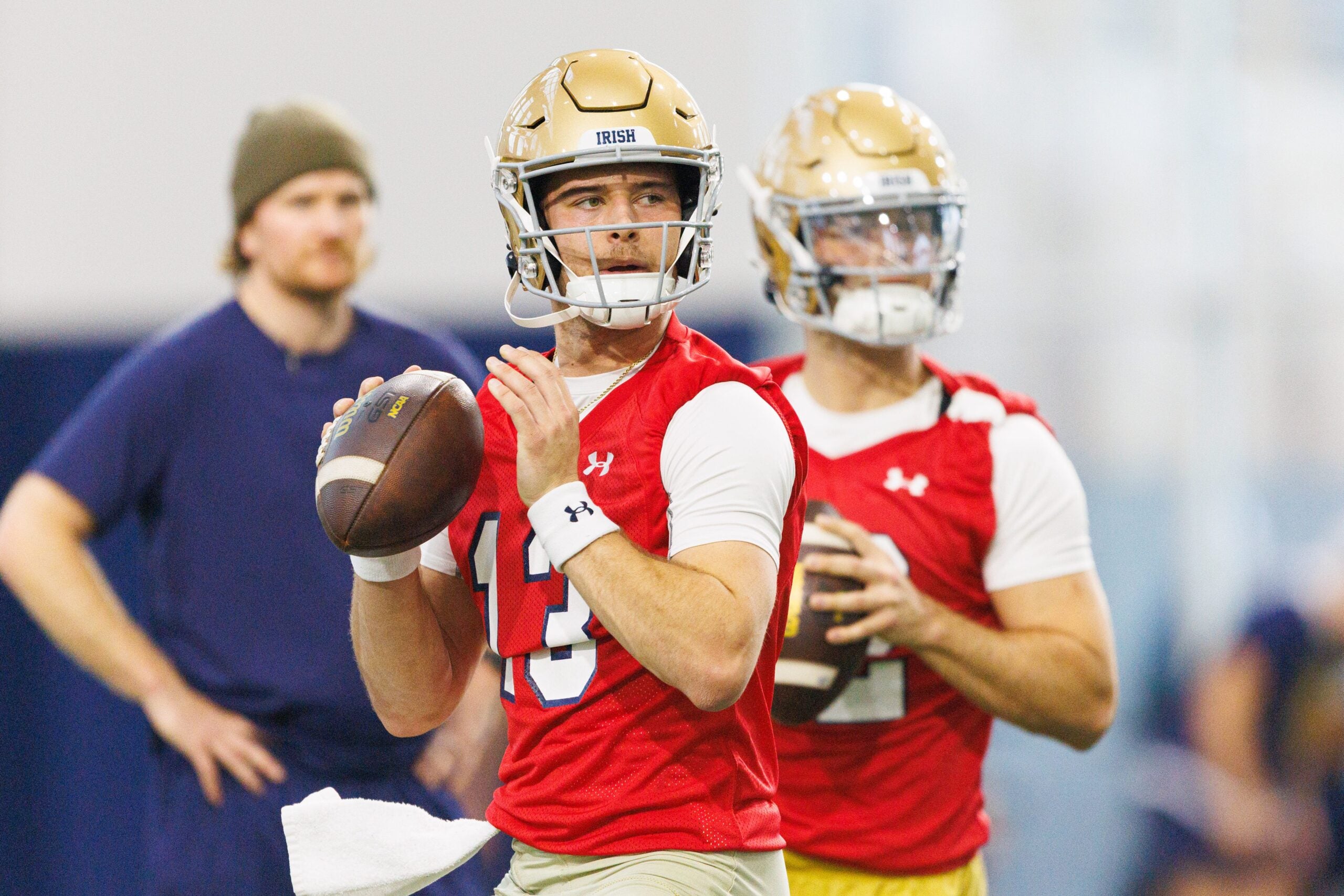 Quarterback CJ Carr (13) during a Notre Dame football practice at Irish Athletic Center on Friday, March 20, 2026, in South Bend.
