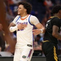 Mar 20, 2026; Tampa, FL, USA; Florida Gators guard Isaiah Brown (20) reacts in the second half against the Prairie View A&M Panthers during a first round game of the men's 2026 NCAA Tournament at Benchmark International Arena.